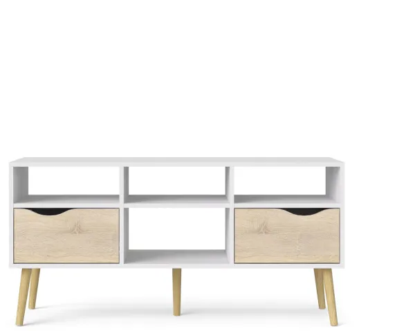 TVILUM Delta TV-bord - hvid/egestruktur, m. 2 skuffer og 4 rum